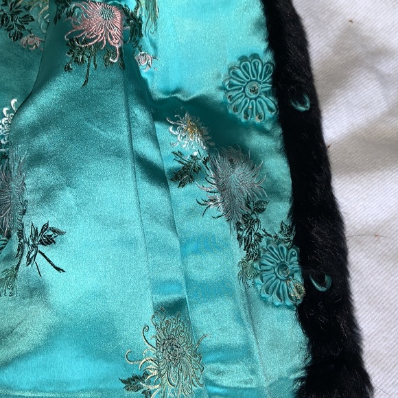 Gorgeous vintage rabbit fur coat turquoise floral silk lining custom made large - Picture 11 of 13